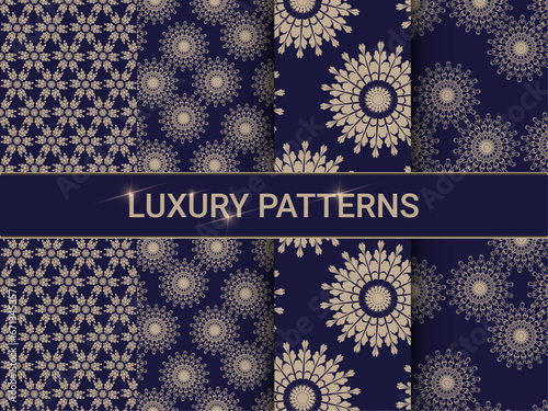 Set of glowing golden dots glitter overlapping on dark blue background. Collection of luxury and elegant halftone pattern with copy space. Vector design for cover template, poster, banner, print ad.