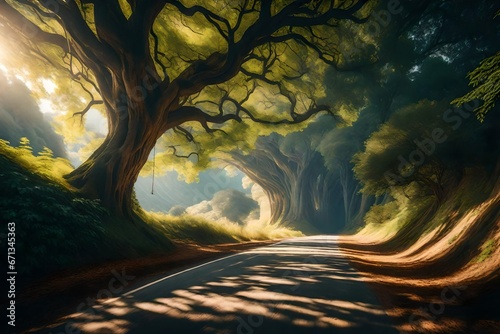 Abstract background of route and journey amidst the big tree and beautiful nature 