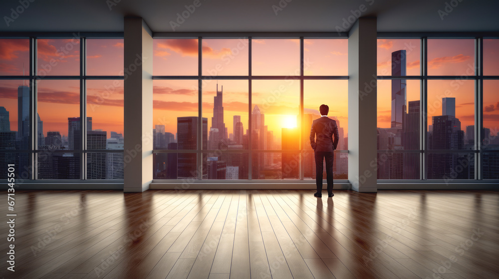 Businessman in office loft looking at the skyscrapers with sunset. Ai generative