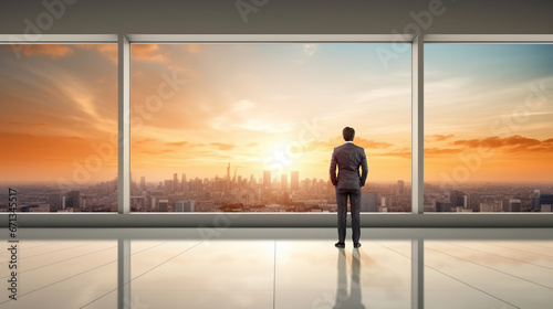 Businessman in office company room looking at the skyscrapers with sunset. Ai generative