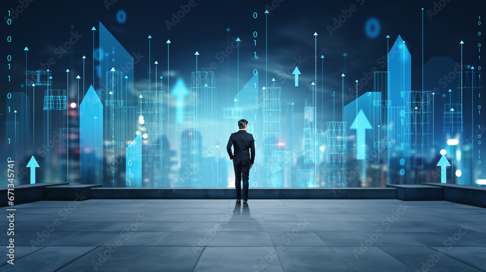 Businessman on building rooftop and skyscrapers with futuristic city wireframe. Ai generative Businessman on building rooftop and skyscrapers with futuristic city wireframe. Ai generative