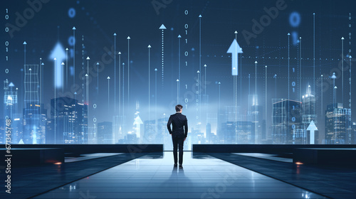 Businessman on rooftop, skyline with rising arrows, smart city connection. Ai generative