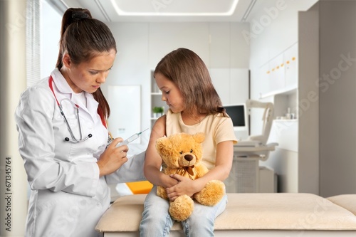 Portrait of cheerful child holding toy and sitting with nurse  AI generated image