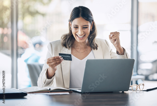 Winning, credit card and winner woman on laptop for easy fintech, e commerce competition and website sale. Excited corporate person with online shopping app, financial banking or finance loan success