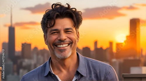 portrait of a 47-year-old man smilling at the camera with a wavy hairstyle, standing in front of a vibrant cityscape at sunset. 