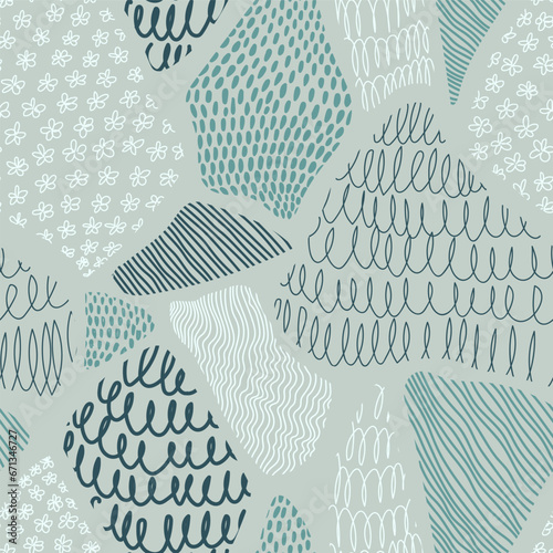 Hand drawn squiggles, waves, lines, dots and flowers collected in patchwork style seamless vector pattern.