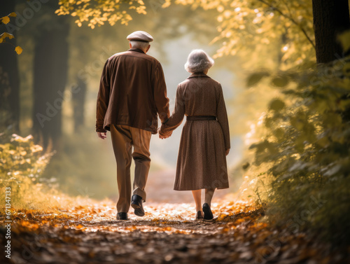 Older rerired couple walking hand-in-hand on a path through the forest