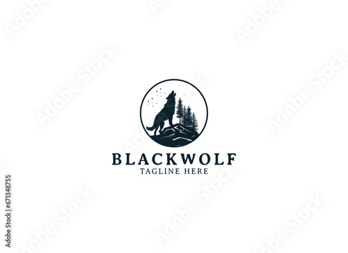 silhouette illustration of Howling Wolf with Moon logo design