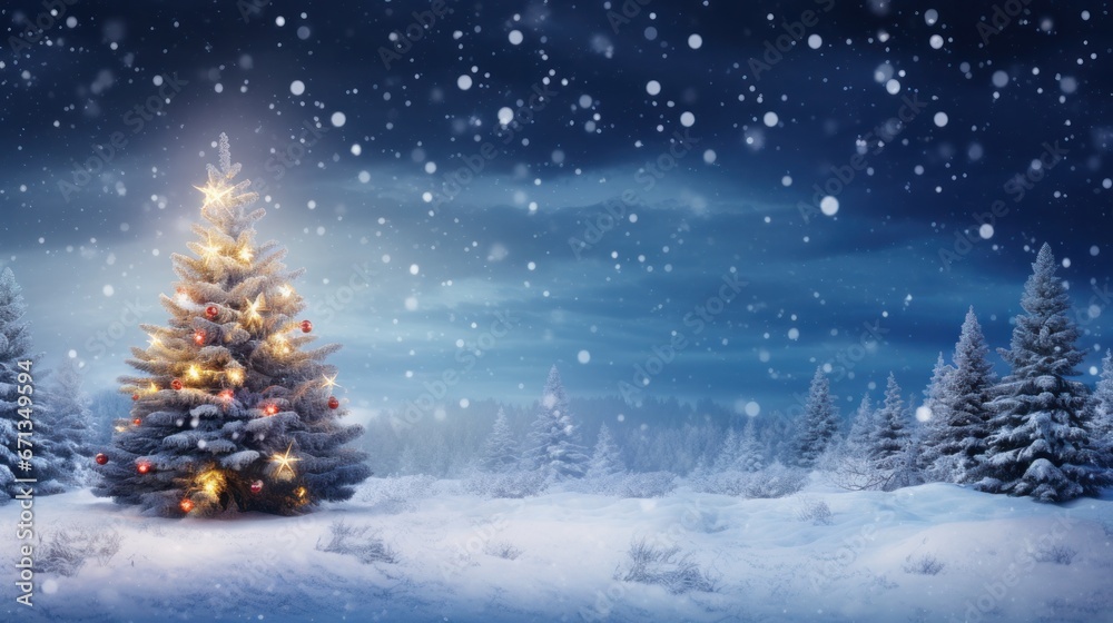 christmas tree with snow background. copy text space. for template, presentation. advertisement, banner, card.	