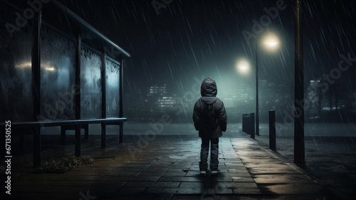 A mysterious illustration of a young child waiting at a bus stop late at night. Ominous fog and mist illuminated by lamp posts.