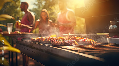friends grilling food on an outdoor grill, sharing happy time together photo