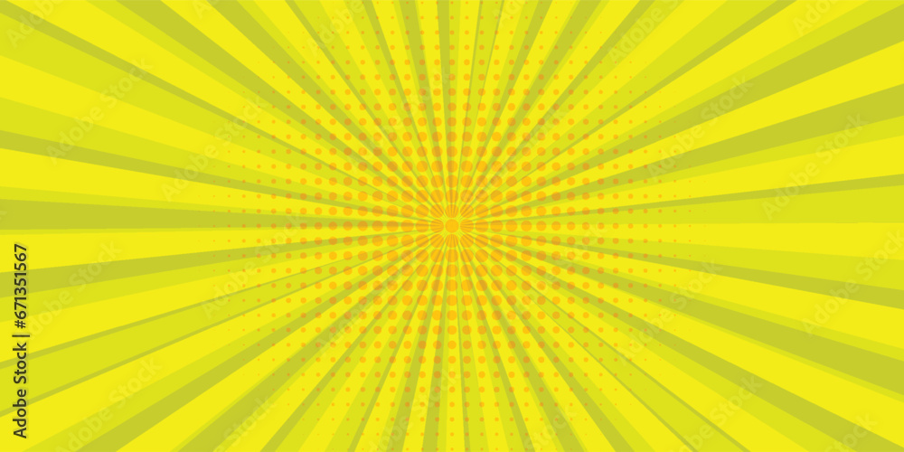 Yellow radial halftone background. Retro comic grain pixel texture. Pixelated dots cartoon wallpaper. Pop art fading wavy gradient pattern. - obrazy, fototapety, plakaty 