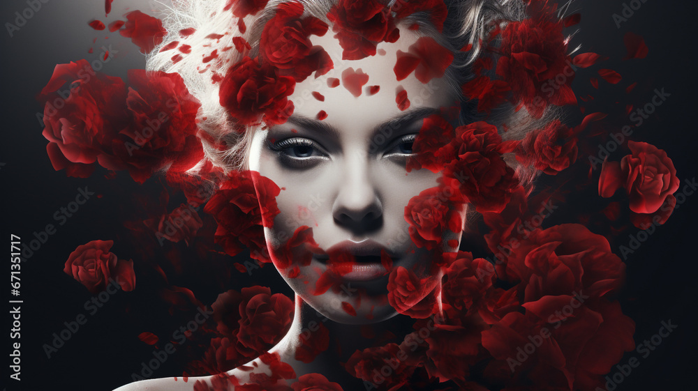 Beautiful female face with red rose