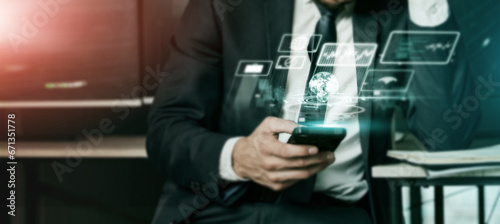 Worker, hands and phone hologram screen in global night finance, stock market trading or financial software. Businessman, 3d and technology abstract of futuristic app communication or fintech growth