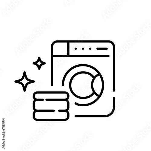 Laundry service. Washing machine, folded clean clothes and sparkles. Pixel perfect, editable stroke icon