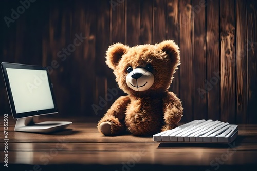 Cute Teddy Bear With A Wireless Keyboard In Front Of An Imaginary Computer Screen At Wooden Wall