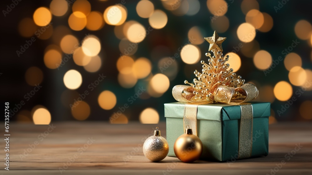Christmas Day background decoration with gift bowls and gold balls adorned with stars on the table floor with a beautiful bokeh light backdrop.