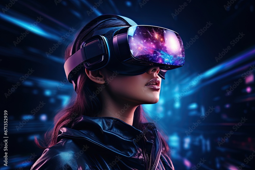 Portrait of a beautiful woman wearing virtual reality goggles. 3d rendering, Young woman wearing virtual reality goggles. Future technology concept. 3D Rendering, AI Generated