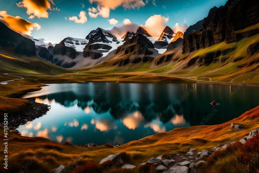 Fantastic evening panorama of Bachalp lake / Bachalpsee, Switzerland. Picturesque autumn sunset in Swiss alps, Grindelwald, Bernese Oberland, Europe. Beauty of nature concept 