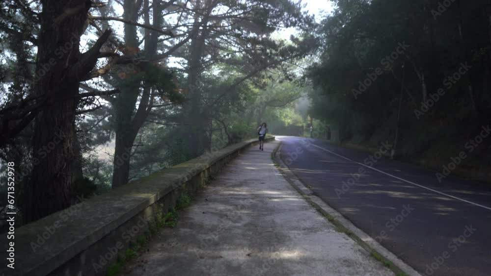 Caucasian man hiking on lonely foggy street in quiet forest nature Caucasian man hiking on lonely foggy street in quiet forest nature