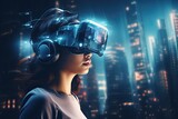 Young woman in virtual reality headset against night city background. Mixed media, Young woman using virtual reality headset. Future technology concept. Double exposure, AI Generated