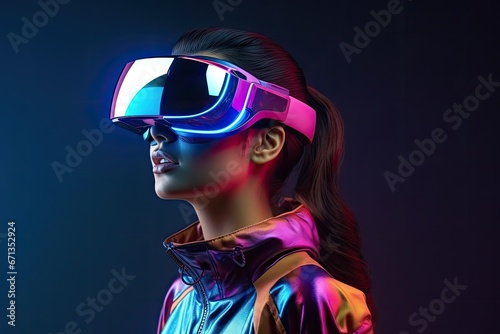 Beautiful asian woman wearing virtual reality goggles. Studio shot, Young woman wearing virtual reality goggles. Future technology concept. 3D Rendering, AI Generated © Ifti Digital