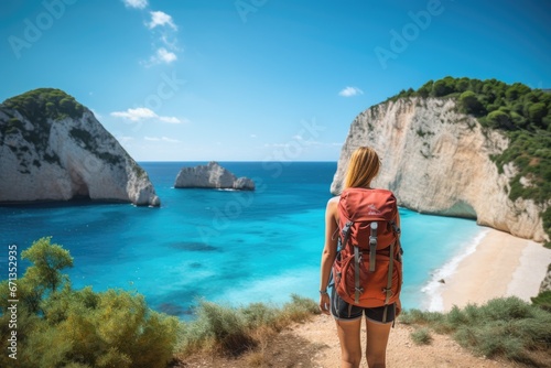 Young woman tourist with backpack standing on the edge of cliff in Zakynthos island, Greece, Young woman with backpack on the beach, Zakynthos island, Greece, AI Generated