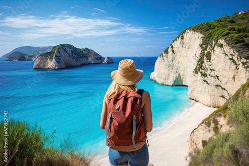 Woman traveler with a backpack on the beach of Zakynthos, Greece, Young woman with backpack on the beach, Zakynthos island, Greece, AI Generated © Ifti Digital