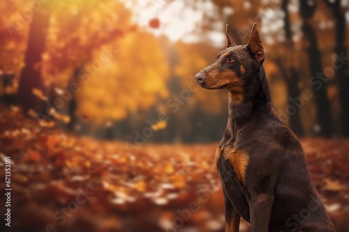 Serious young dog posing in a forest, AI generated image