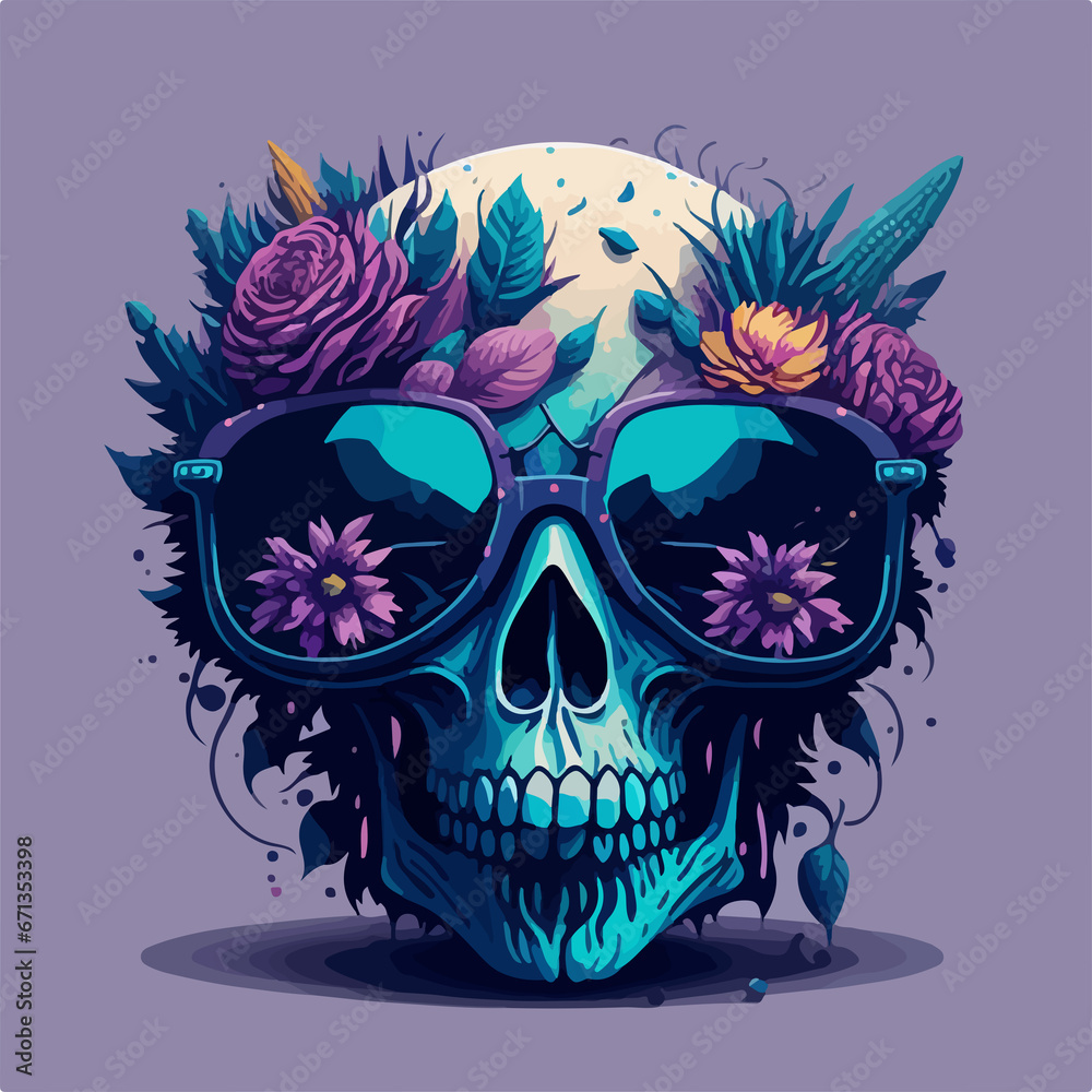 Obraz premium Add some playfulness to your wardrobe with this fun t-shirt design, featuring a skull wearing sunglasses and surrounded by colorful flowers, seemingly enjoying life to the fullest.