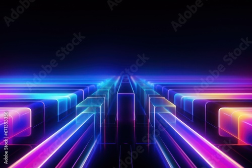 Colorful prisms emitting neon lights amidst darkness. Abstract symmetry futuristic background