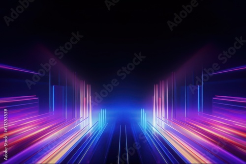 Colorful prisms emitting neon lights amidst darkness. Abstract symmetry futuristic background