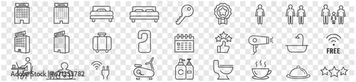 Hotel booking, Hostel room, Rental property, Apartment, Reservation, Airport shuttle, Bath, Wi-fi, line icon editable stroke collection vector