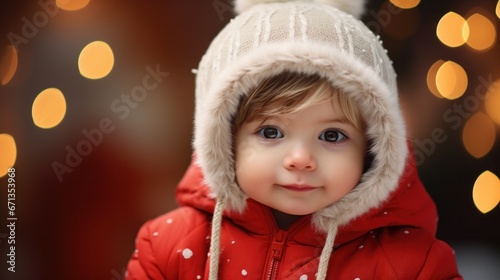 Adorable girl in warm winter outfit gazes curiously, surrounded by glowing holiday lights. 