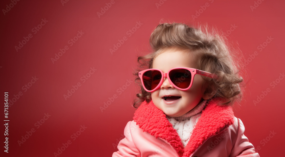 Playful young girl with curly hair and pink sunglasses exudes joy against a red backdrop. Playful young girl with curly hair and pink sunglasses exudes joy against a red backdrop.
