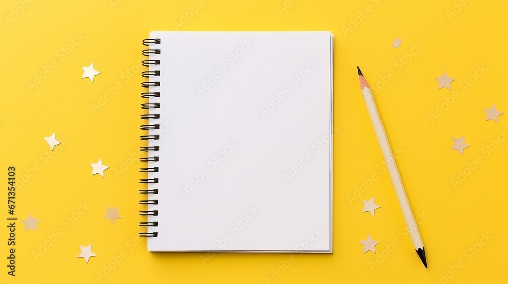 back to school supplies: blank notebook and stationery on yellow background, flat lay with text space - obrazy, fototapety, plakaty 