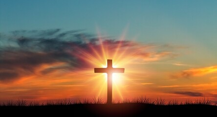 Dark wooden cross above the bright sky