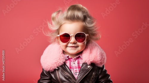 Stylish toddler in sunglasses and pink fur coat poses against a vibrant red background.