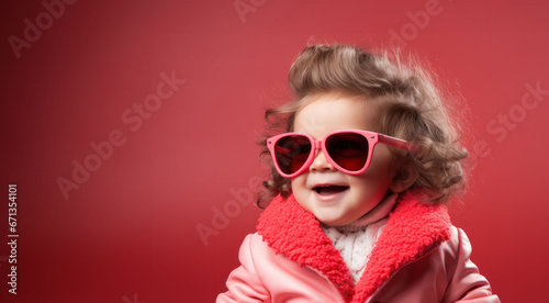  Playful young girl with curly hair and pink sunglasses exudes joy against a red backdrop.