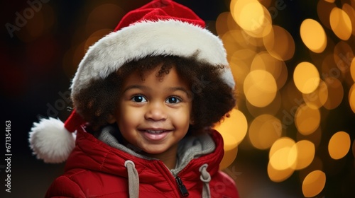 Adorable toddler with curly hair, wrapped warmly, celebrating the festive season. 