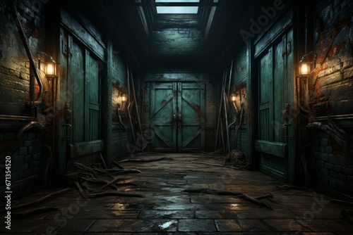 Abandoned asylum door ajar  offering a glimpse of a spooky  decaying room with a haunting atmosphere  Generative AI