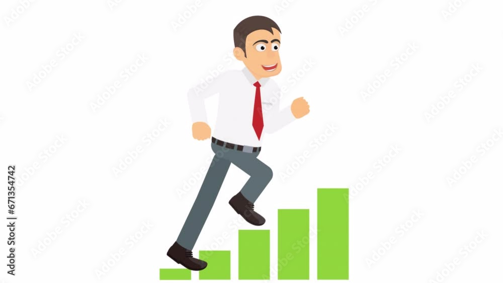 Businessman steps up the steps of the diagram. Animation of an investor trader trading for a raise, alpha channel Cartoon Businessman steps up the steps of the diagram. Animation of an investor trader trading for a raise, alpha channel Cartoon