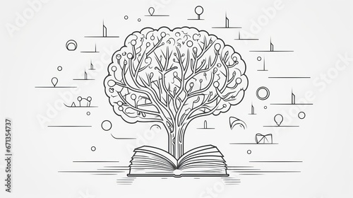 Creative Thinking and Idea Concept - Brain and Light bulb with book, continuous vector education and literature, minimalist contour hand-drawn metaphor line art photo