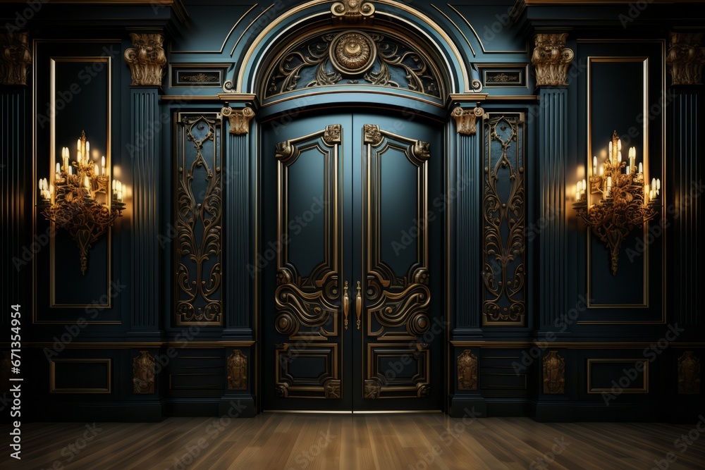 Grand entrance with double doors partially open, leading to a dark and luxurious interior, Generative AI - obrazy, fototapety, plakaty 