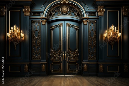 Grand entrance with double doors partially open, leading to a dark and luxurious interior, Generative AI