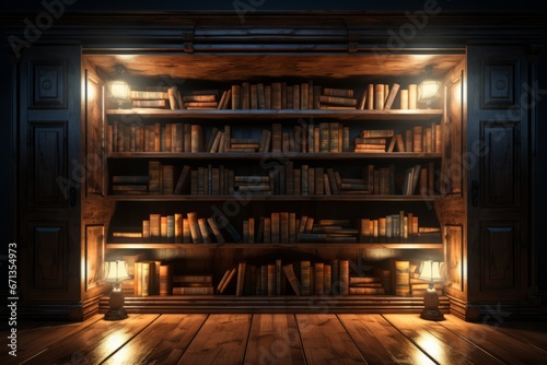 Hidden bookcase door swinging open to disclose a dimly lit library, creating an atmosphere of secrecy and adventure, Generative AI