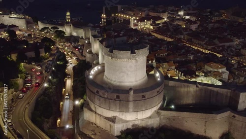 Aerial view of Minčeta Tower, Dubrovnik, Croatia at night photo