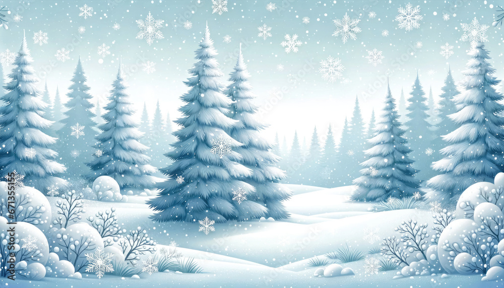 Winter landscape with snowy fir trees and snowflakes. Generative ai.