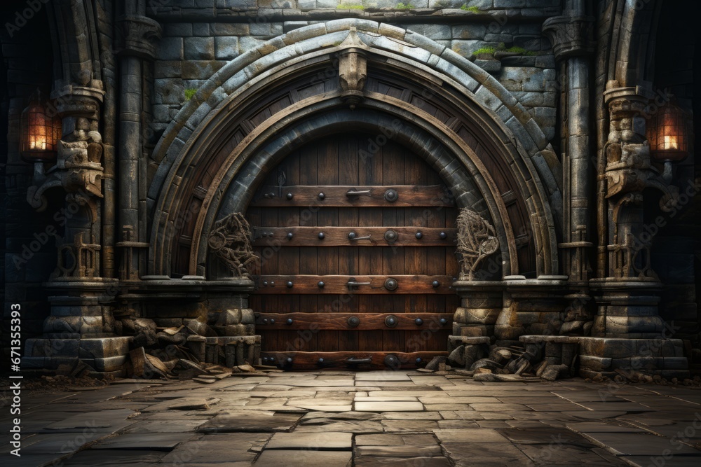 Medieval dungeon door slowly swinging open, revealing a dark and gloomy chamber with chains and shackles, Generative AI