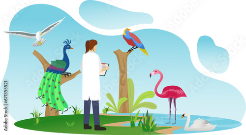 an ornithologist researches different species of birds in the wild vector illustration, animal scientist doing experiment concept, exotic birds